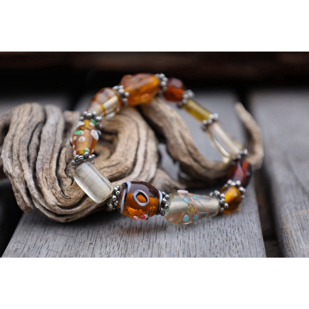 Vintage Lampwork Art Glass Bead Bracelet Amber Millefiori Stretch Boho Statement
