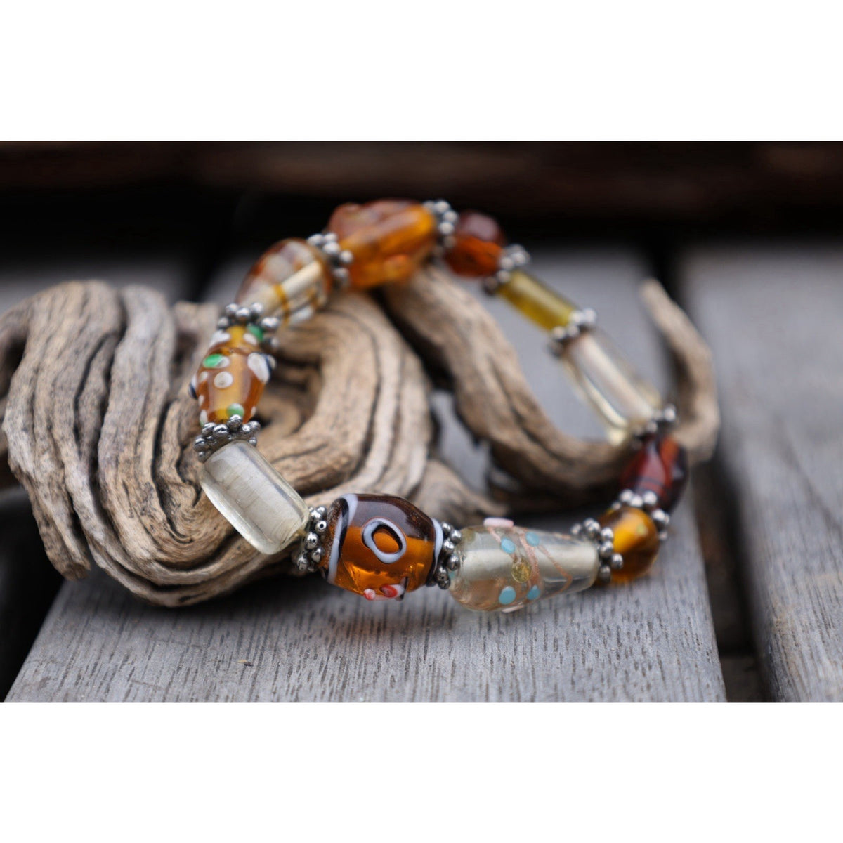 Vintage Lampwork Art Glass Bead Bracelet Amber Millefiori Stretch Boho Statement