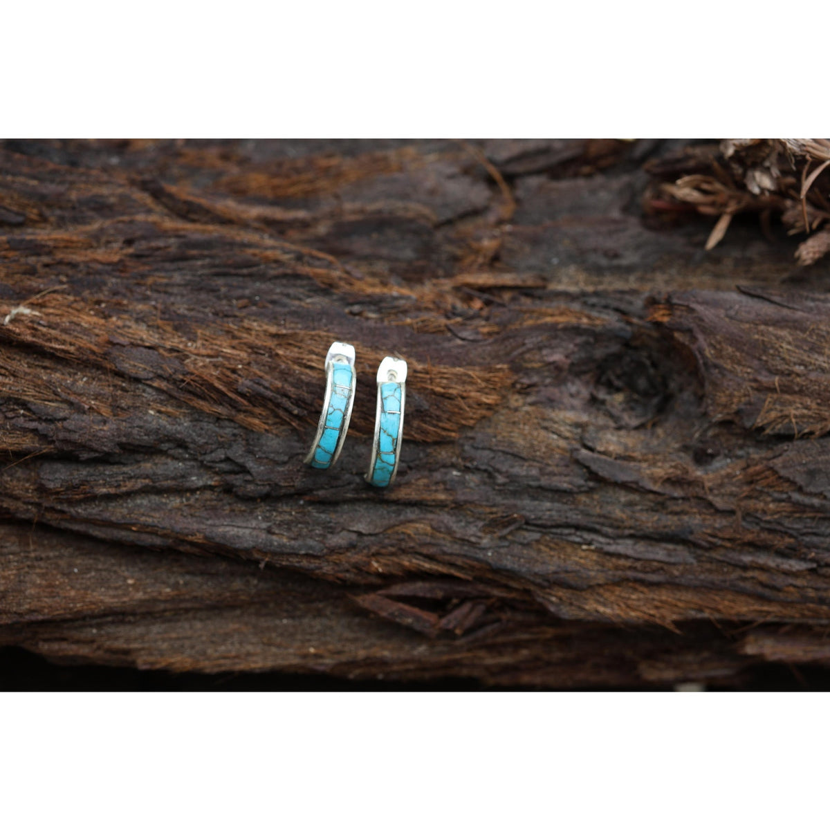 Navajo Sterling Silver Kingman Turquoise Inlay Hoop Earrings, Attributed Debbie Livingston
