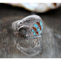Sterling Silver Eagle Head Ring, Turquoise Coral Chip Inlay, Size 12
