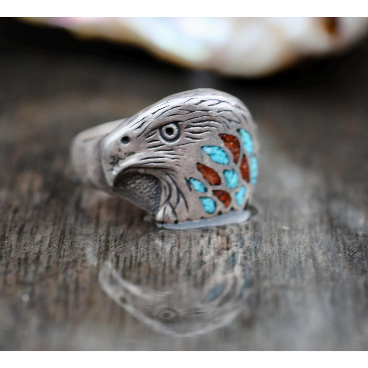 Sterling Silver Eagle Head Ring, Turquoise Coral Chip Inlay, Size 12