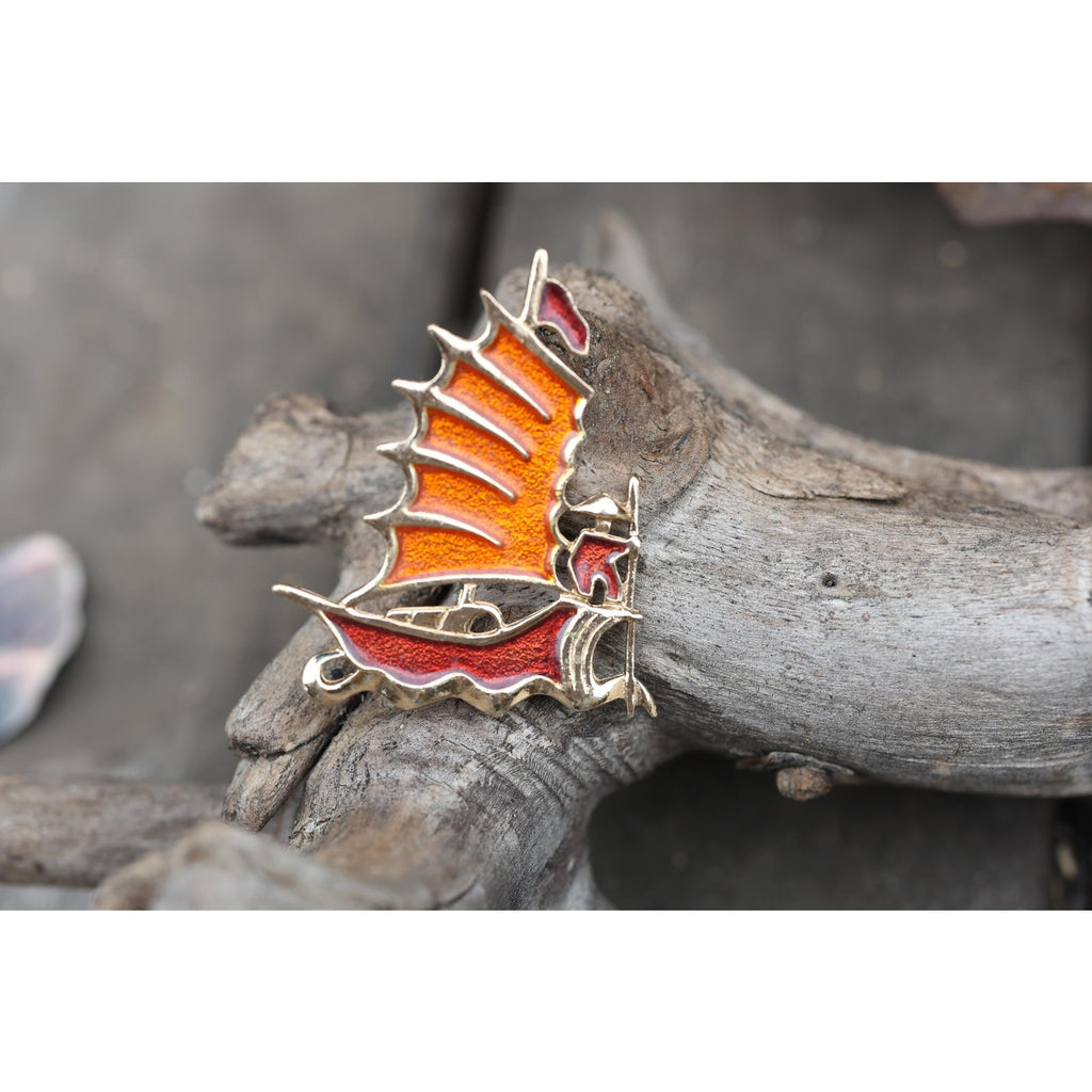 Sarah Coventry Enamel Figural Ship Brooch, Vintage Signed Nautical Sailboat Pin, Gold Tone