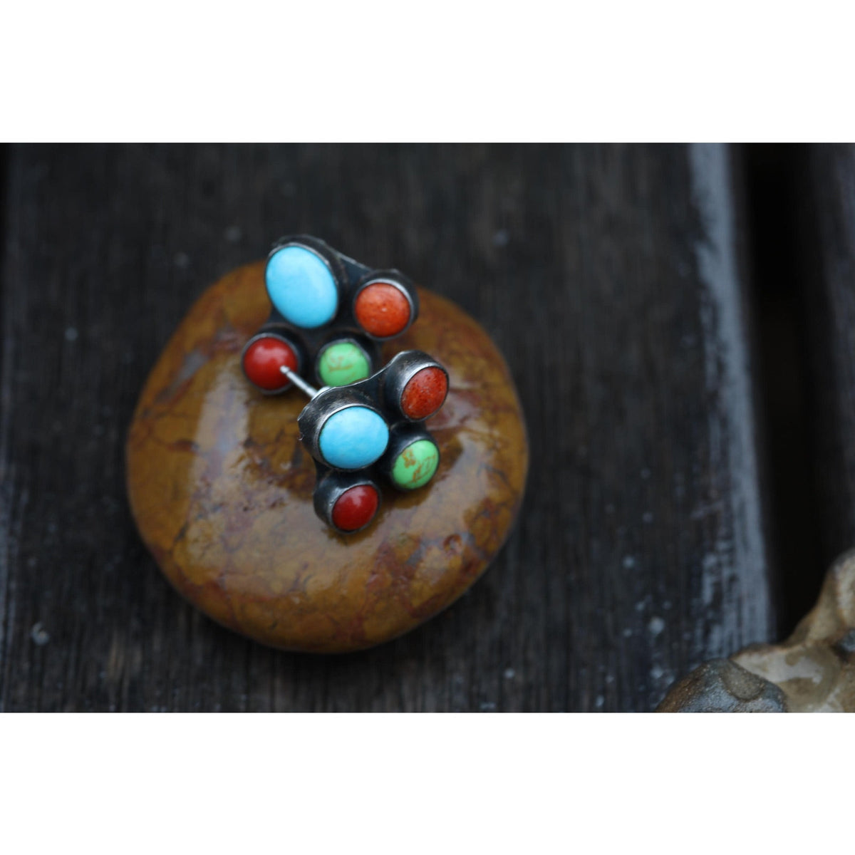 Kee C. Cook Navajo Sterling Silver Turquoise and Coral Cluster Earrings, Signed Vintage Native American Post Earrings