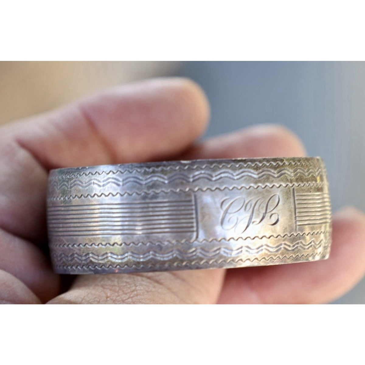 Victorian Sterling Silver Wide Cuff Bracelet Engine Turned Engraving Stamped MB