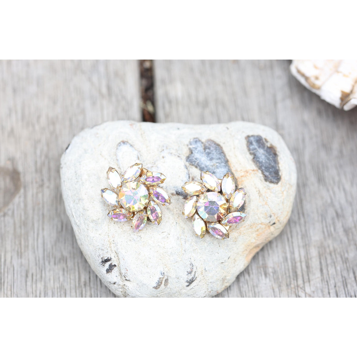 Vintage 1940s Rhinestone Navette Clip Earrings, Aurora Borealis Flower Cluster, Unsigned Estate Jewelry