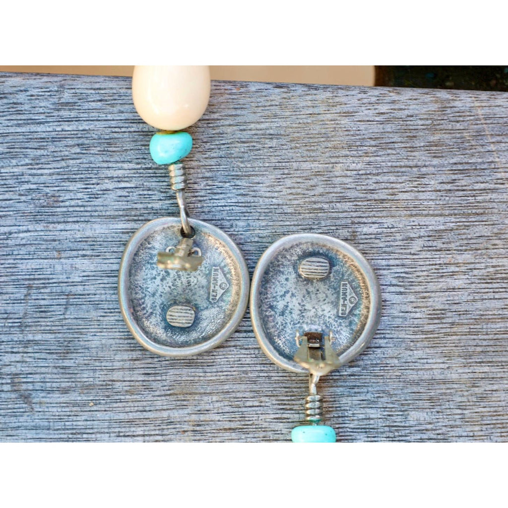 Ben-Amun Signed Southwest Etched Disc Clip-On Earrings Turquoise Bone Drop Dangle Vintage