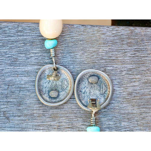 Ben-Amun Signed Southwest Etched Disc Clip-On Earrings Turquoise Bone Drop Dangle Vintage