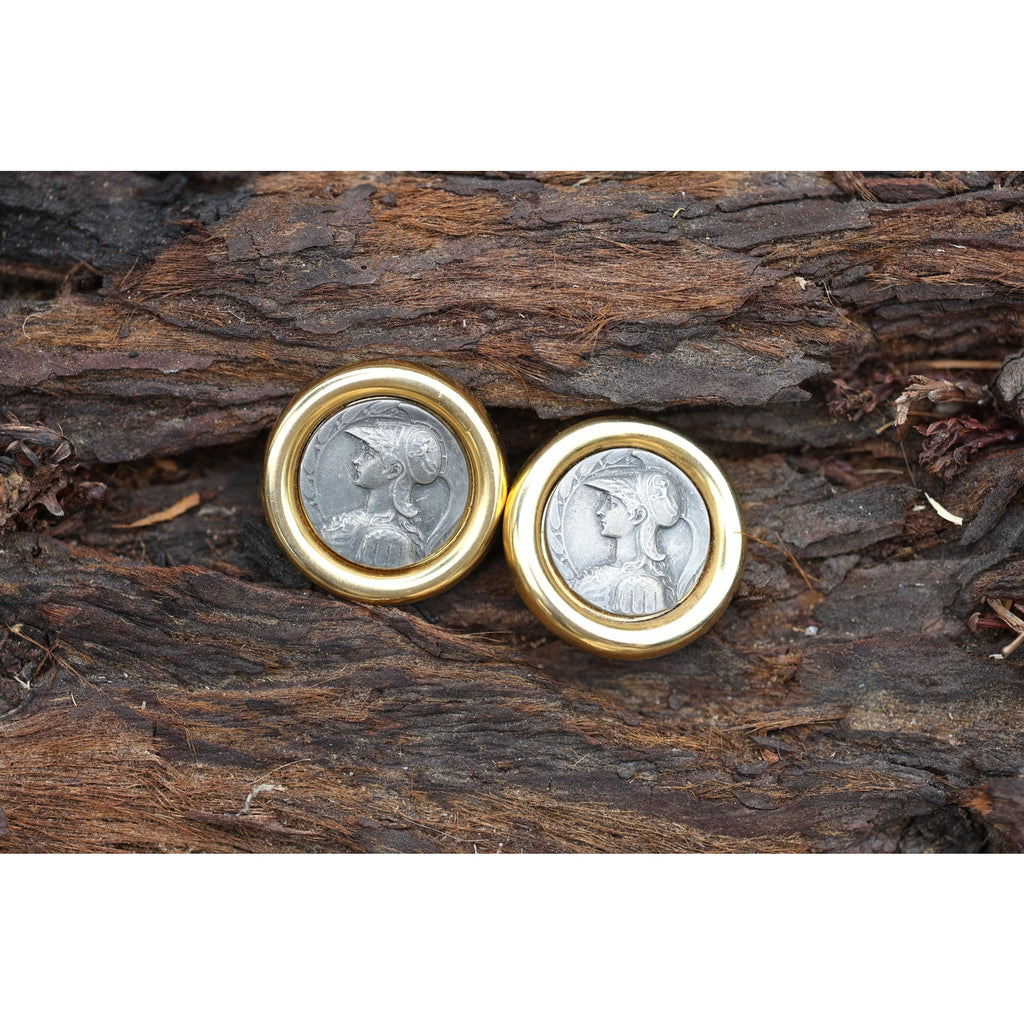 Vintage Ben-Amun Clip Earrings Gold Tone Roman Coin Medallion Warrior Relief 80s