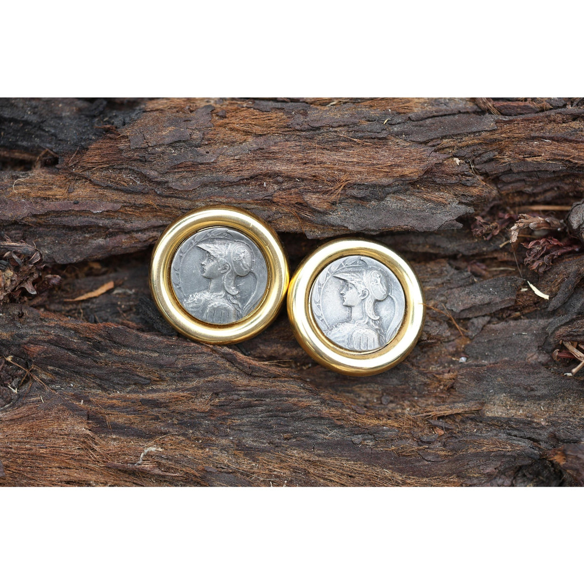 Vintage Ben-Amun Clip Earrings Gold Tone Roman Coin Medallion Warrior Relief 80s