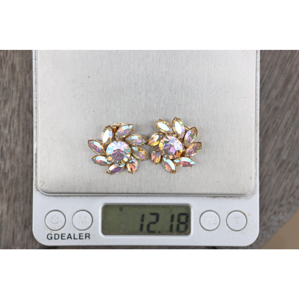 Vintage 1940s Rhinestone Navette Clip Earrings, Aurora Borealis Flower Cluster, Unsigned Estate Jewelry