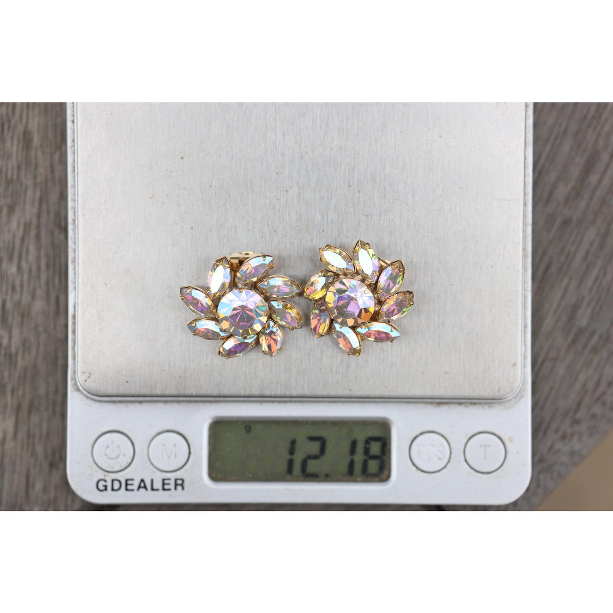 Vintage 1940s Rhinestone Navette Clip Earrings, Aurora Borealis Flower Cluster, Unsigned Estate Jewelry