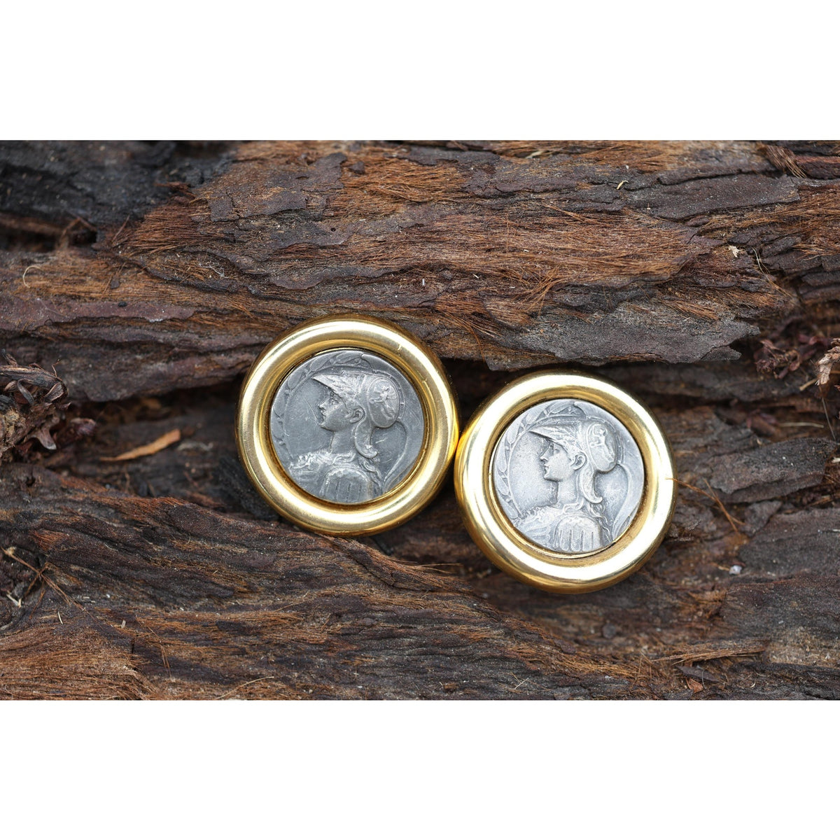 Vintage Ben-Amun Clip Earrings Gold Tone Roman Coin Medallion Warrior Relief 80s