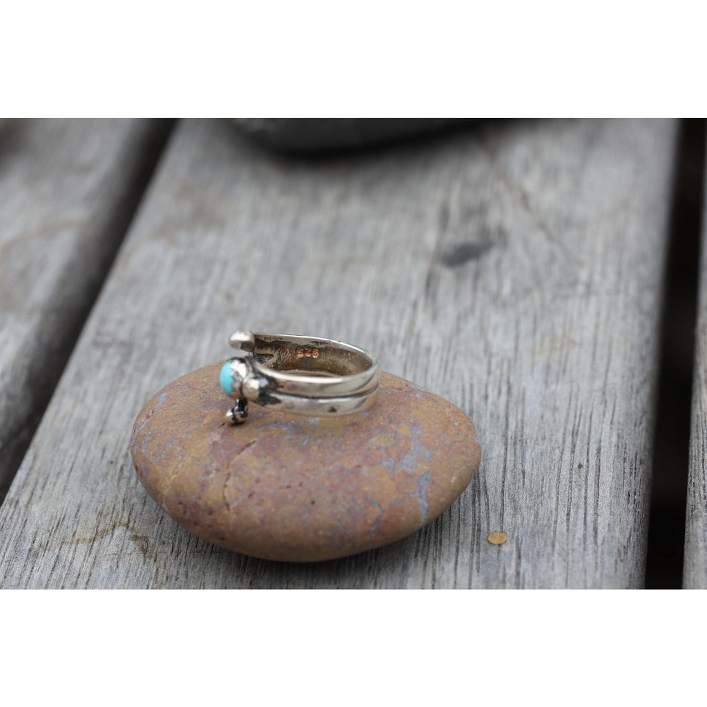 Signed Navajo Sterling Silver Kingman Turquoise Ring Size 4.5, Bypass Wrap Band, Vintage Southwest Silver, OP Hallmark