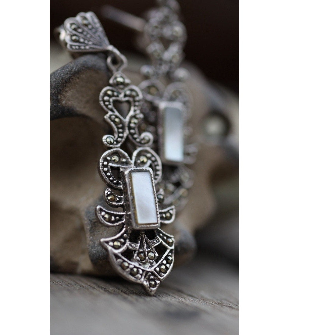 Marcasite Mother of Pearl Earrings Sterling Silver Art Deco Vintage Drop Dangle