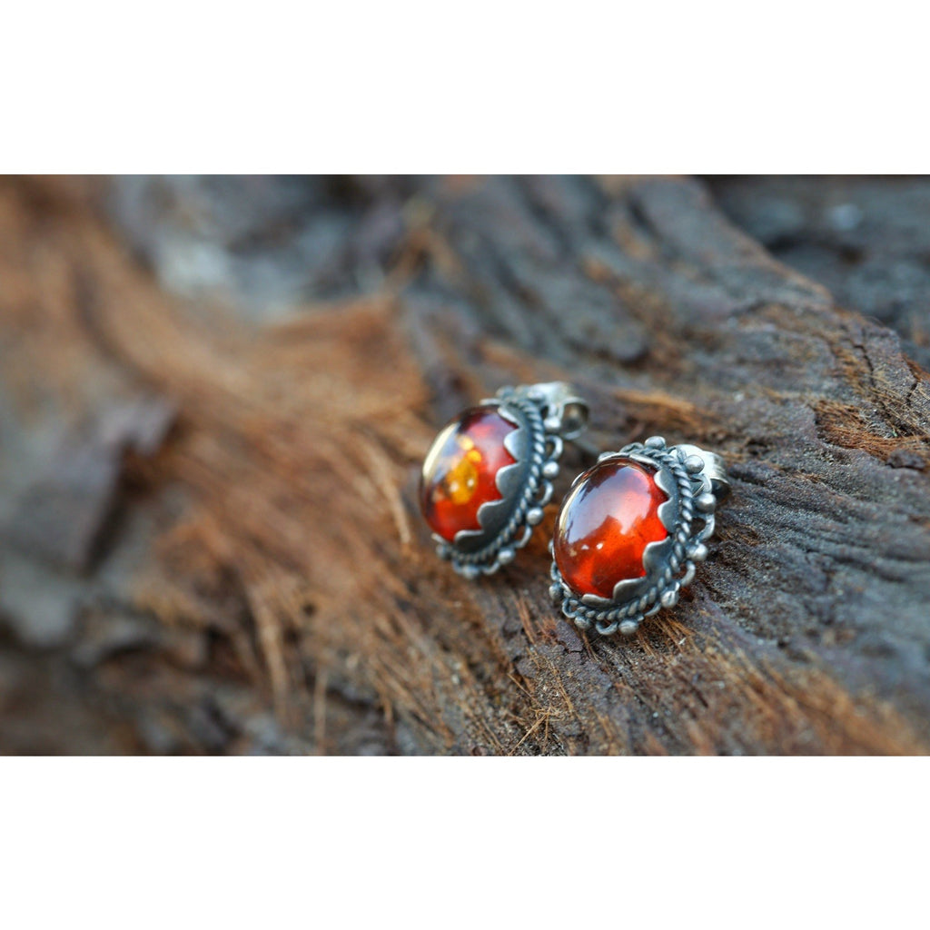 Amber Cabochon Sterling Silver Stud Earrings Vintage Ornate Filigree Bezel