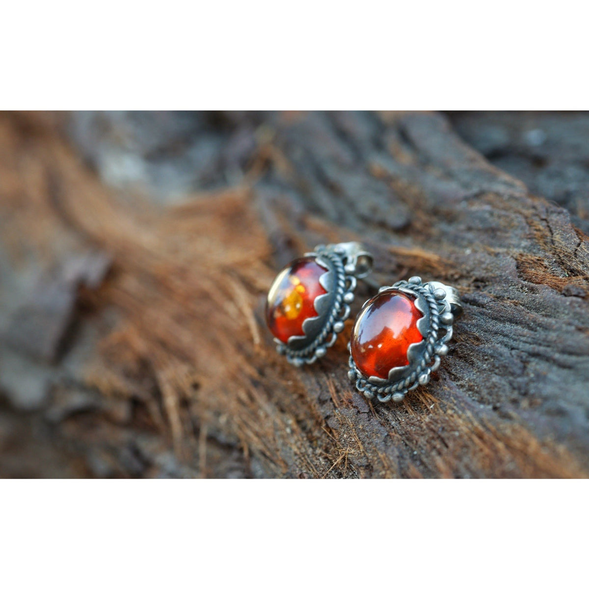 Amber Cabochon Sterling Silver Stud Earrings Vintage Ornate Filigree Bezel