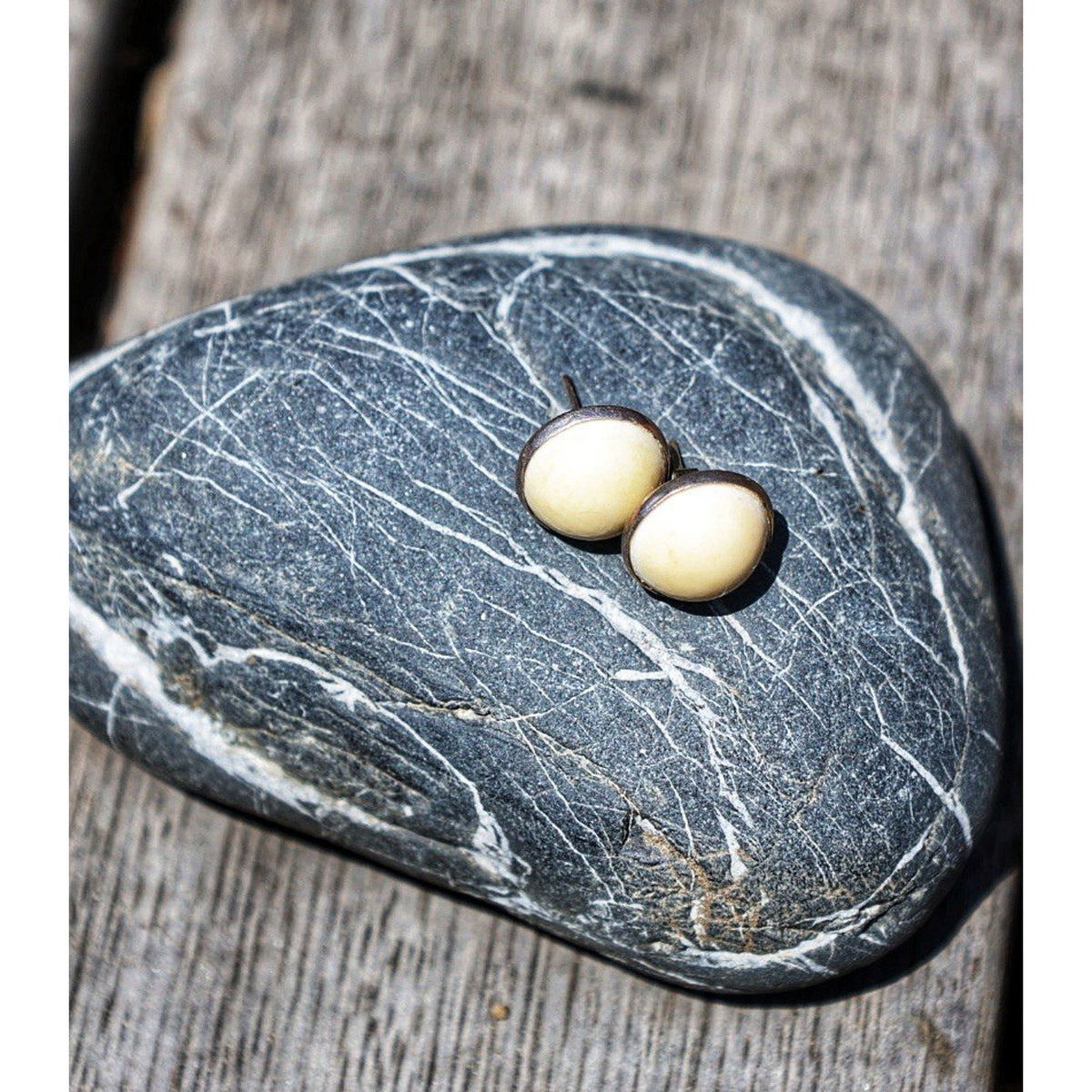 Cream Cabochon Stud Earrings Sterling Silver Ivory Color Dome Round Boho