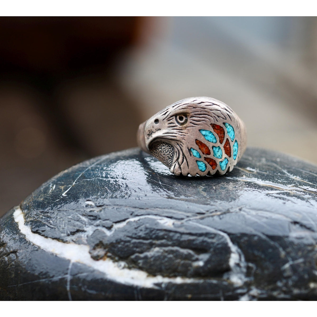 Sterling Silver Eagle Head Ring, Turquoise Coral Chip Inlay, Size 12