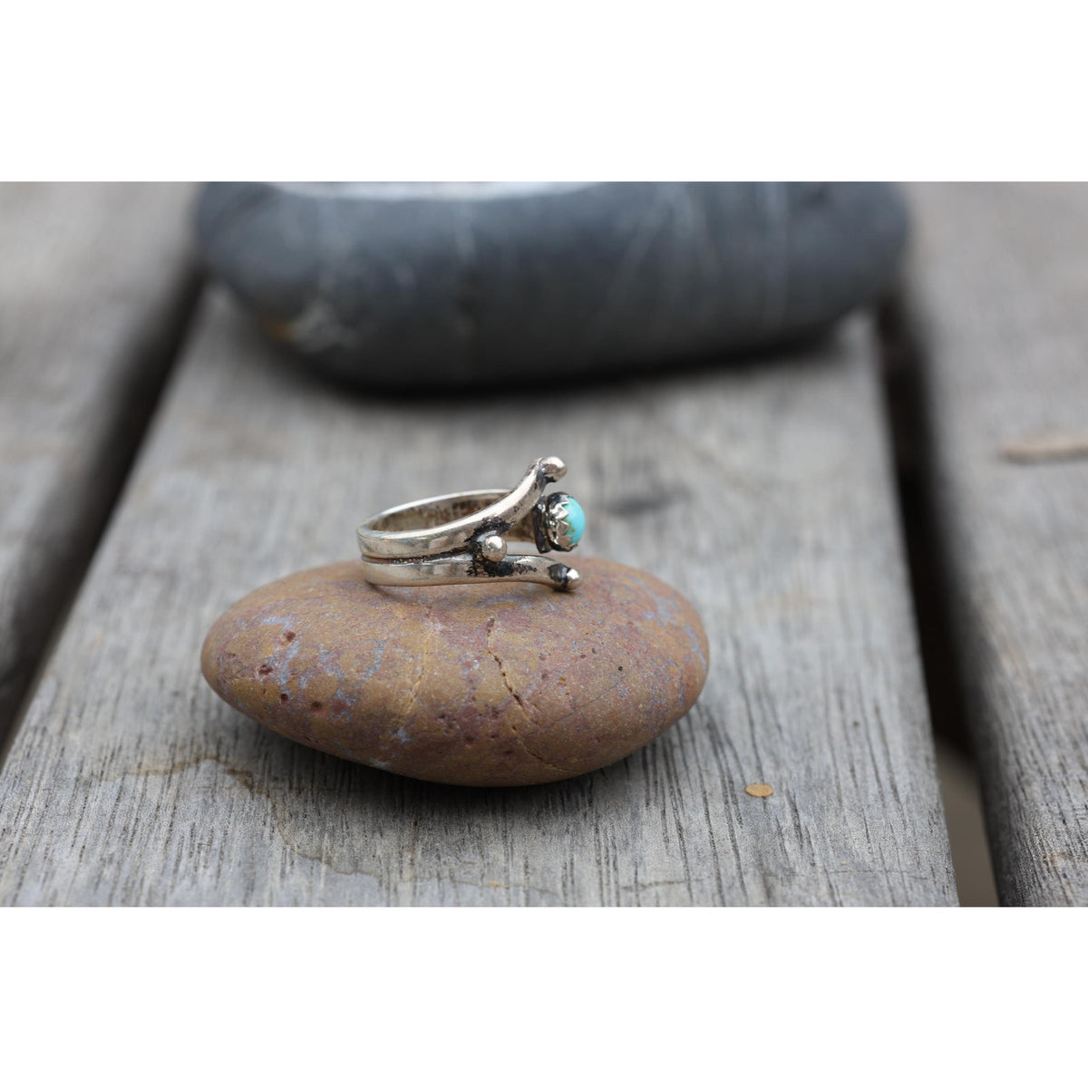 Signed Navajo Sterling Silver Kingman Turquoise Ring Size 4.5, Bypass Wrap Band, Vintage Southwest Silver, OP Hallmark