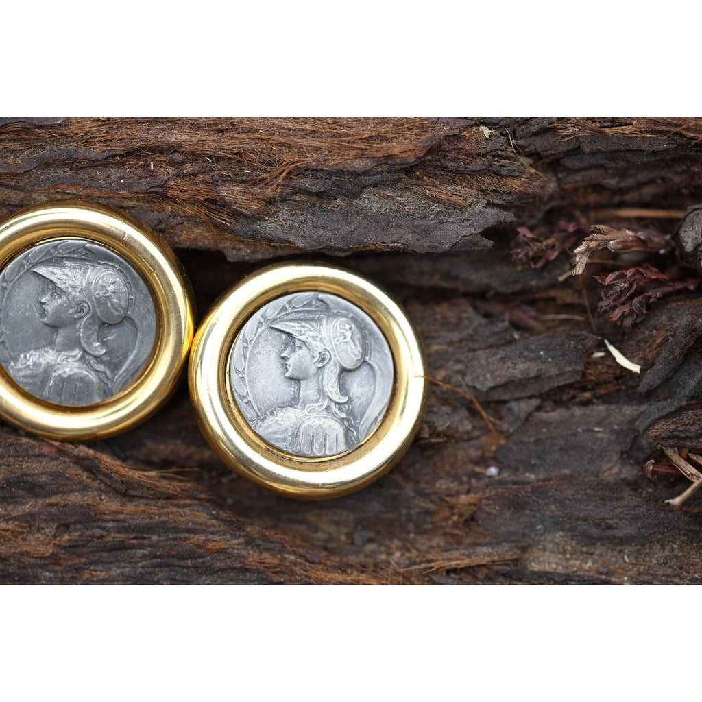 Vintage Ben-Amun Clip Earrings Gold Tone Roman Coin Medallion Warrior Relief 80s