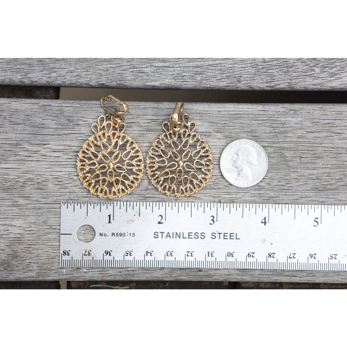Sarah Coventry Signed Huge Vintage Filigree Clip Earrings, Gold Tone Sunburst Medallion, 1970s Statement Jewelry