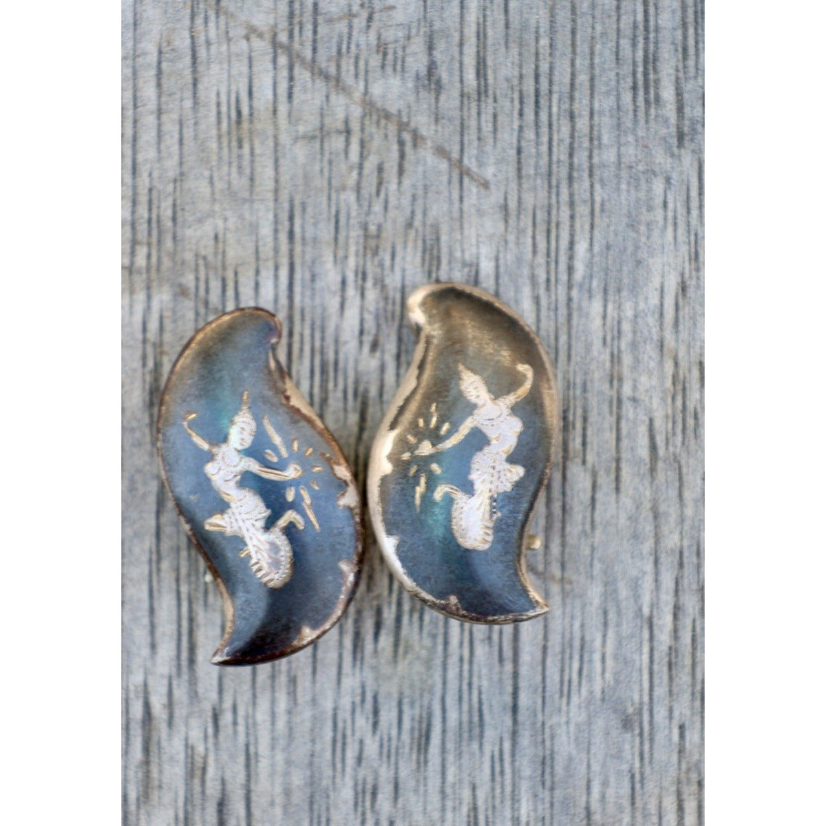 Siam Sterling Silver Niello Thai Dancer Earrings Flame Shape Vintage Mid Century