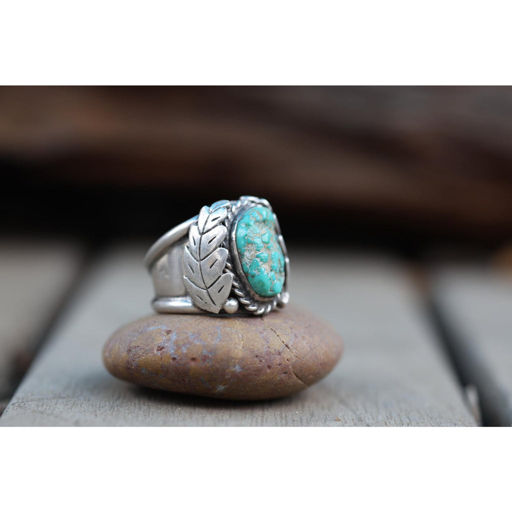 Vintage Southwest Sterling Silver Turquoise Leaf Ring Size 10.25 | Heavy 15.6g Men’s Ring | Navajo Style Split Shank | Hand Carved Leaves