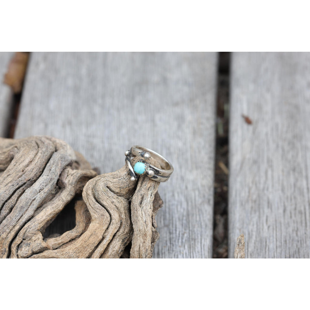 Signed Navajo Sterling Silver Kingman Turquoise Ring Size 4.5, Bypass Wrap Band, Vintage Southwest Silver, OP Hallmark
