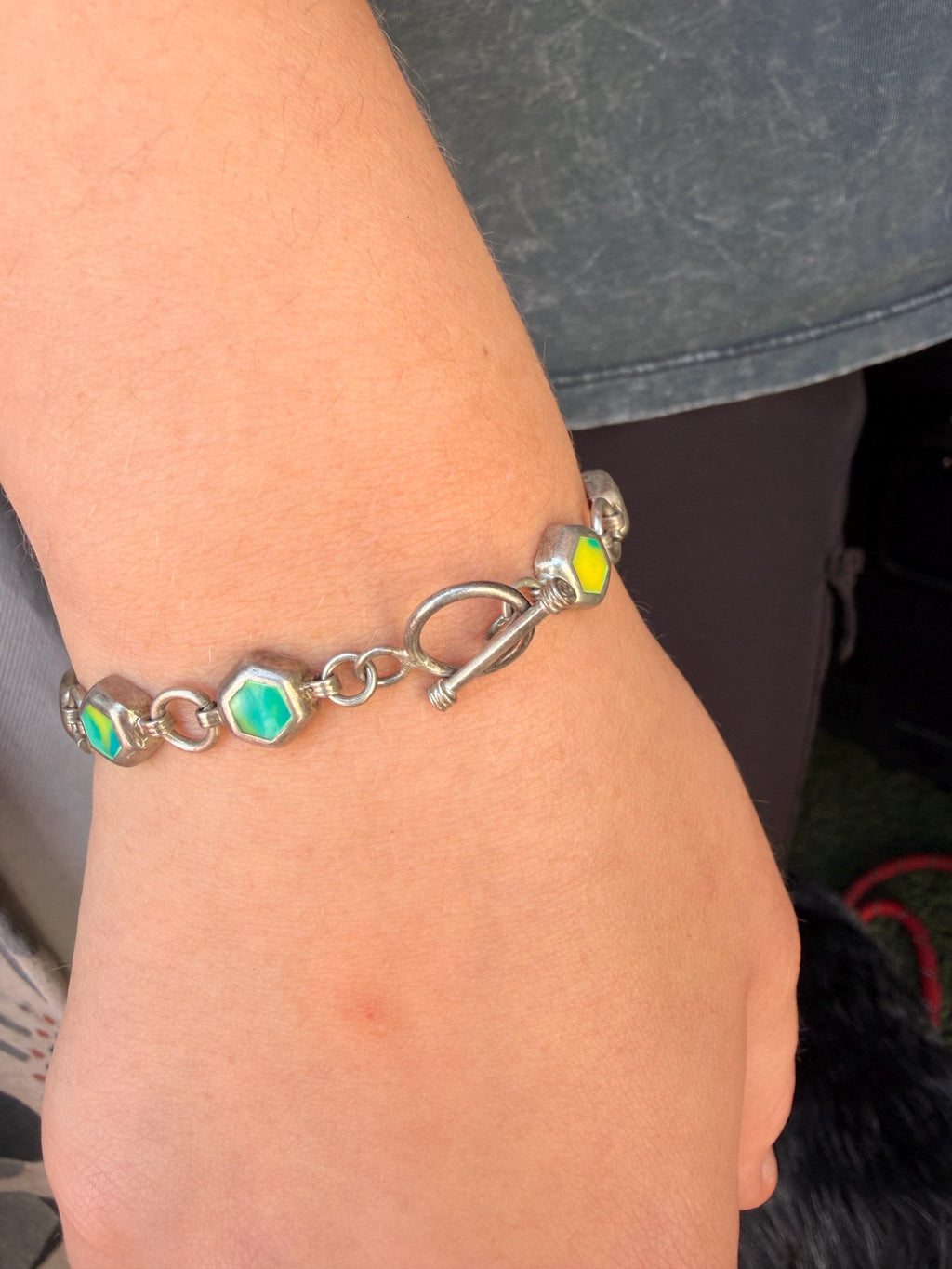 Vintage Sterling Silver Calcite Hexagon Bracelet | Boho Statement Toggle Clasp
