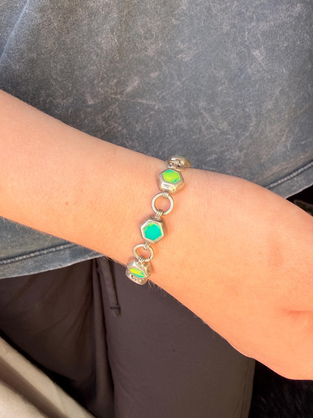 Vintage Sterling Silver Calcite Hexagon Bracelet | Boho Statement Toggle Clasp