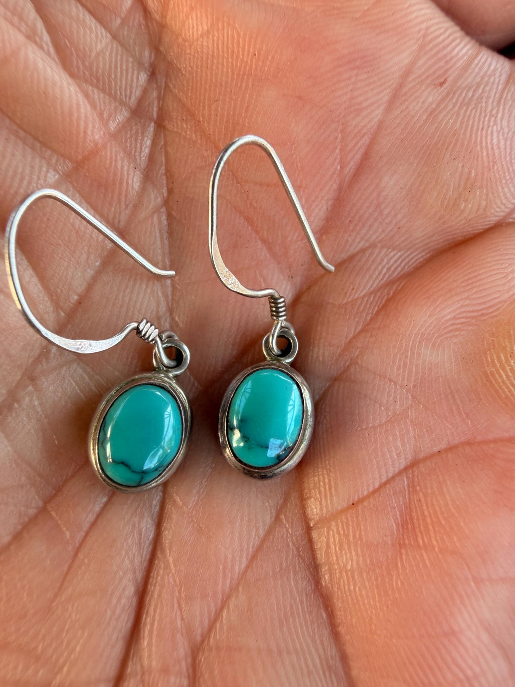 Cabochon Turquoise Hook Dangle Earrings | 925 Sterling Silver | Southwest  | Oval | Boho Vintage