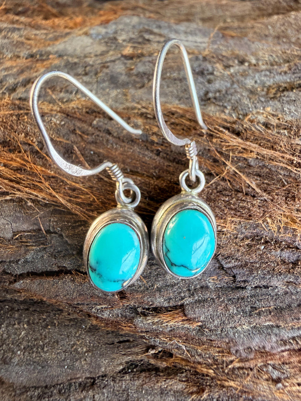 Cabochon Turquoise Hook Dangle Earrings | 925 Sterling Silver | Southwest  | Oval | Boho Vintage