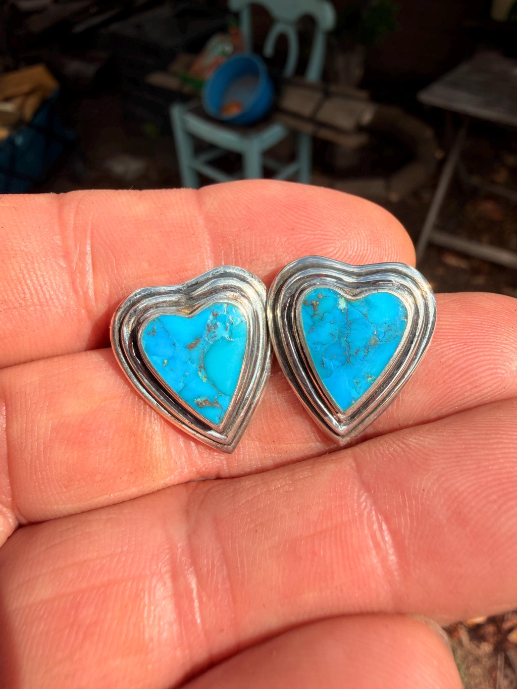 Turquoise Heart Stud Earrings | Deep Blue Matrix Southwest Boho | sterling silver
