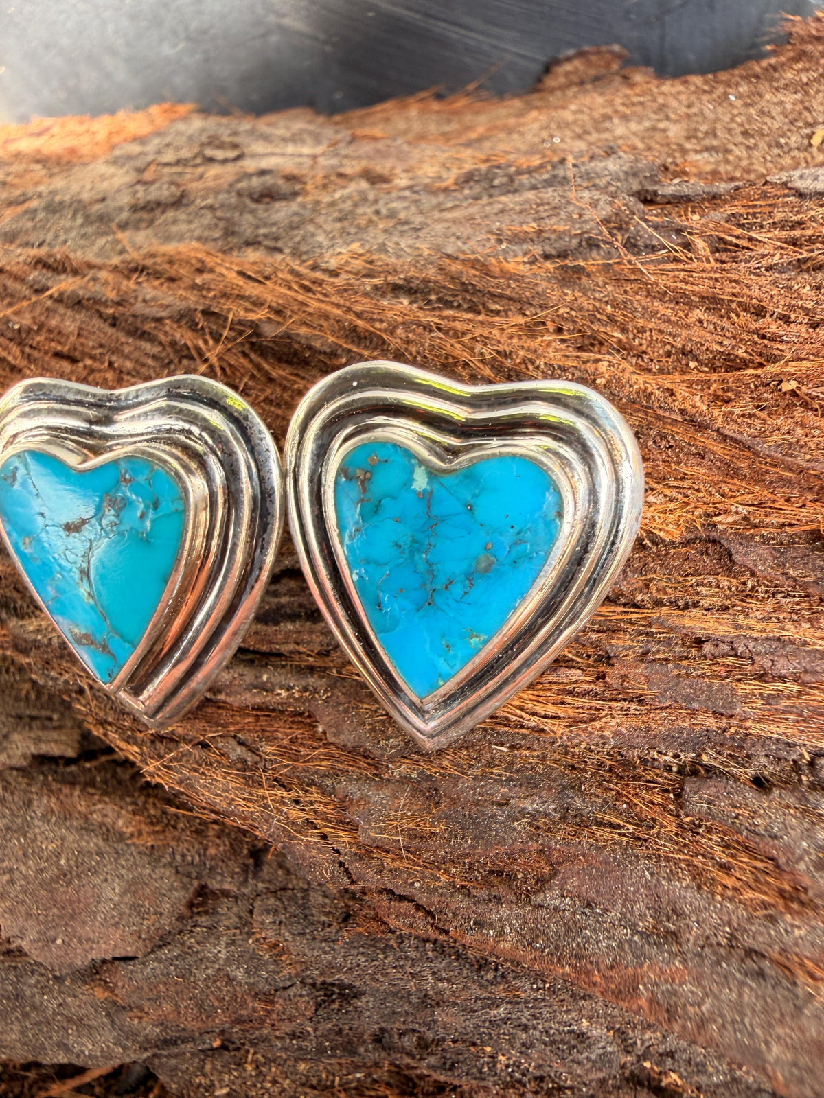 Turquoise Heart Stud Earrings | Deep Blue Matrix Southwest Boho | sterling silver