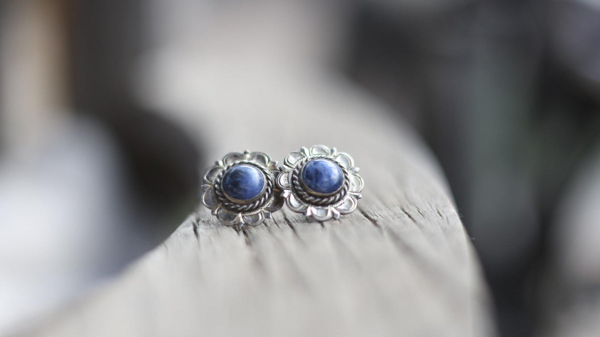 Blue Sodalite Earrings Sterling Silver Flower Studs, Southwest Boho Native American Jewelry, Elk Creek