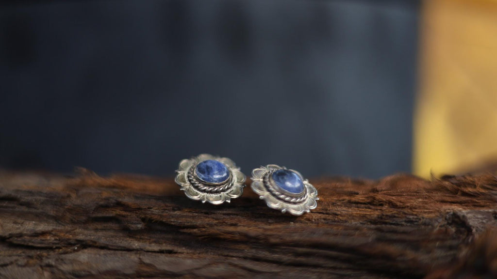 Blue Sodalite Earrings Sterling Silver Flower Studs, Southwest Boho Native American Jewelry, Elk Creek