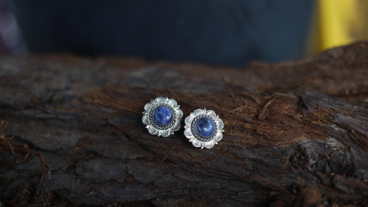 Blue Sodalite Earrings Sterling Silver Flower Studs, Southwest Boho Native American Jewelry, Elk Creek