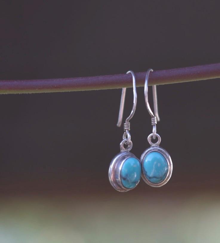 Cabochon Turquoise Hook Dangle Earrings | 925 Sterling Silver | Southwest  | Oval | Boho Vintage