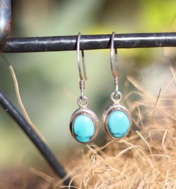Cabochon Turquoise Hook Dangle Earrings | 925 Sterling Silver | Southwest  | Oval | Boho Vintage