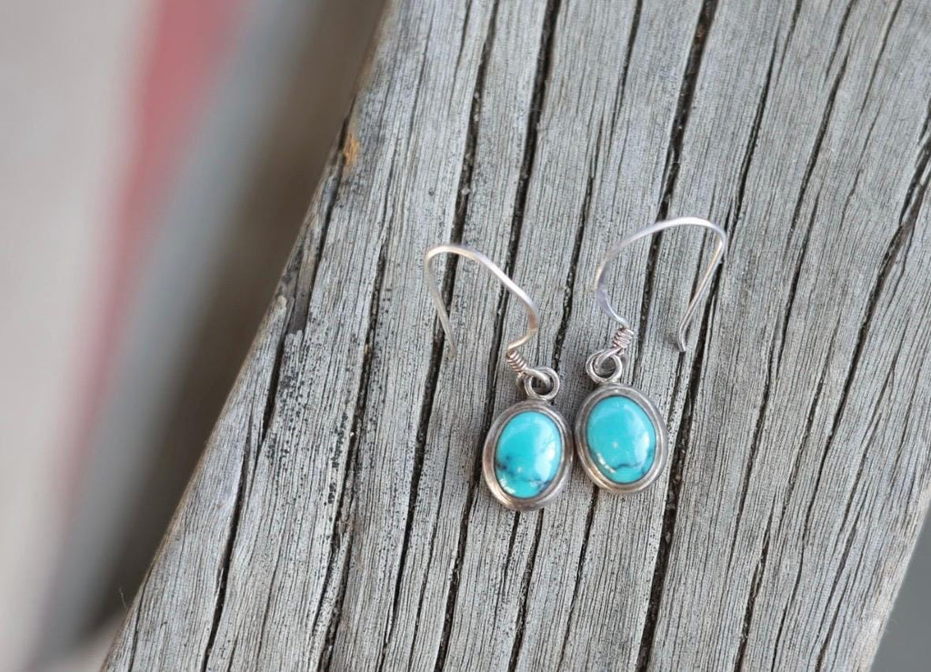 Cabochon Turquoise Hook Dangle Earrings | 925 Sterling Silver | Southwest  | Oval | Boho Vintage