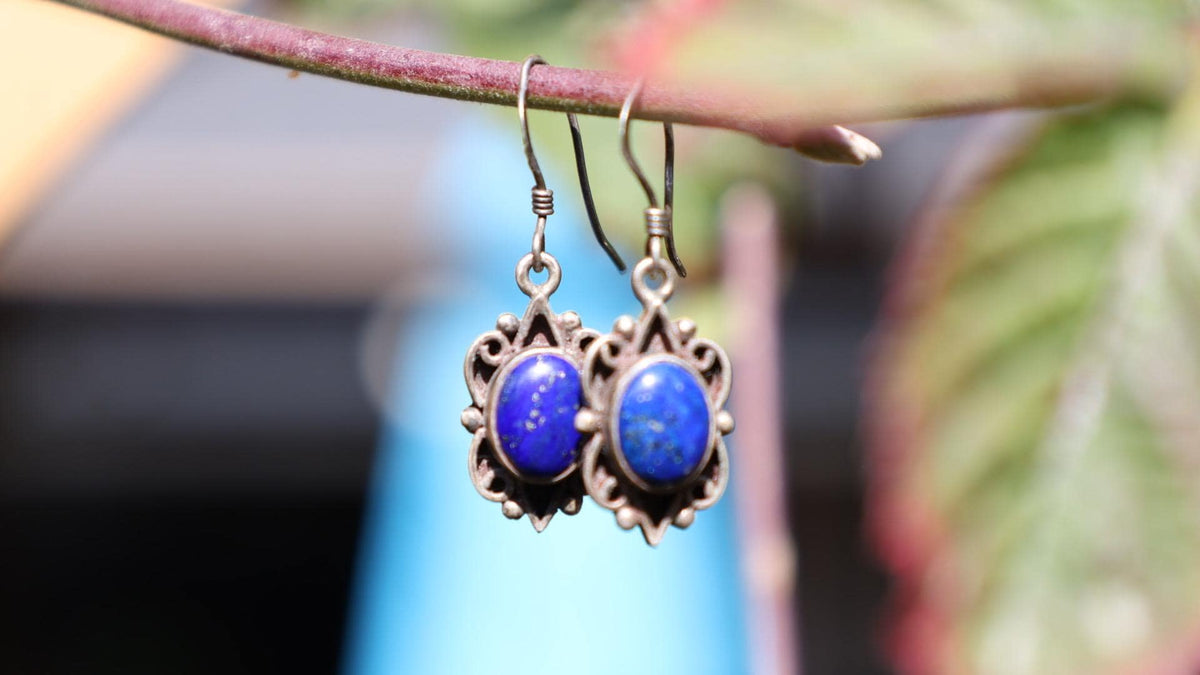 Sterling Silver Lapis Lazuli Dangle Earrings, Southwest Hook Back, Mexican Modernist 925