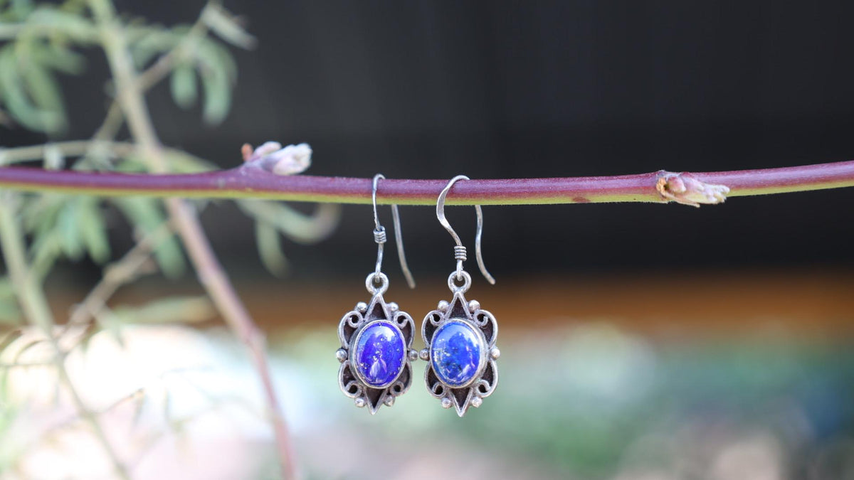 Sterling Silver Lapis Lazuli Dangle Earrings, Southwest Hook Back, Mexican Modernist 925
