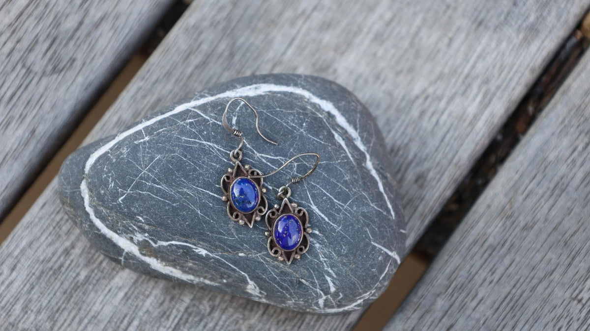 Sterling Silver Lapis Lazuli Dangle Earrings, Southwest Hook Back, Mexican Modernist 925