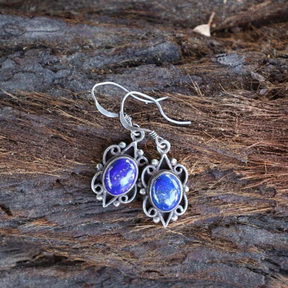 Sterling Silver Lapis Lazuli Dangle Earrings, Southwest Hook Back, Mexican Modernist 925