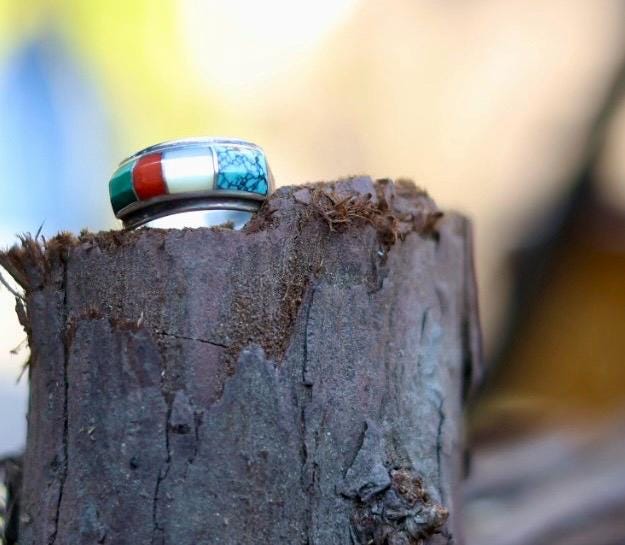 Ben Nighthorse Sterling Silver Multistone Inlay Ring, Northern Cheyenne Turquoise Coral Malachite MOP