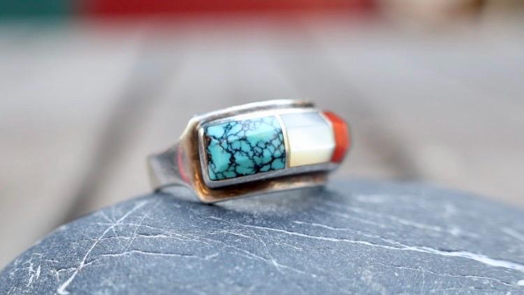 Ben Nighthorse Sterling Silver Multistone Inlay Ring, Northern Cheyenne Turquoise Coral Malachite MOP