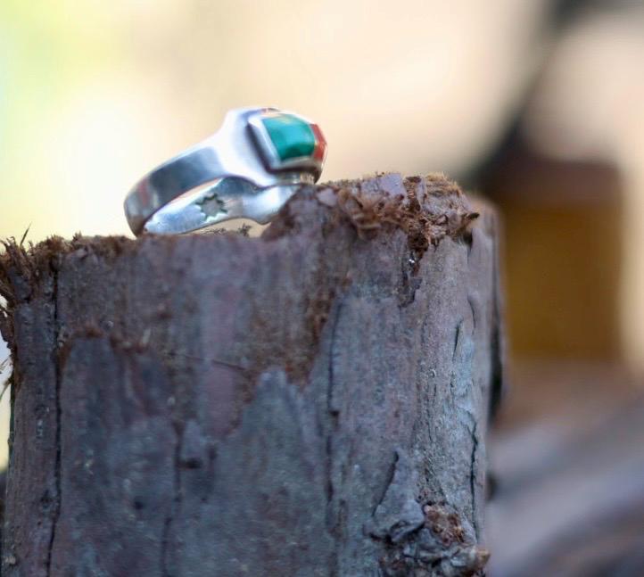 Ben Nighthorse Sterling Silver Multistone Inlay Ring, Northern Cheyenne Turquoise Coral Malachite MOP