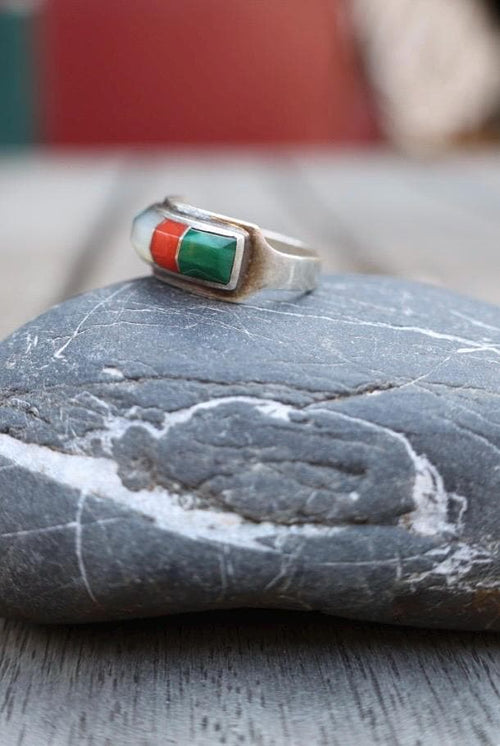 Ben Nighthorse Sterling Silver Multistone Inlay Ring, Northern Cheyenne Turquoise Coral Malachite MOP
