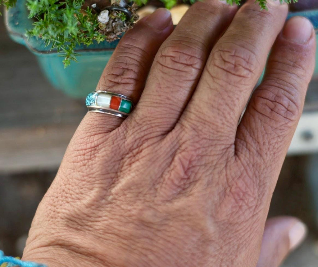 Ben Nighthorse Sterling Silver Multistone Inlay Ring, Northern Cheyenne Turquoise Coral Malachite MOP