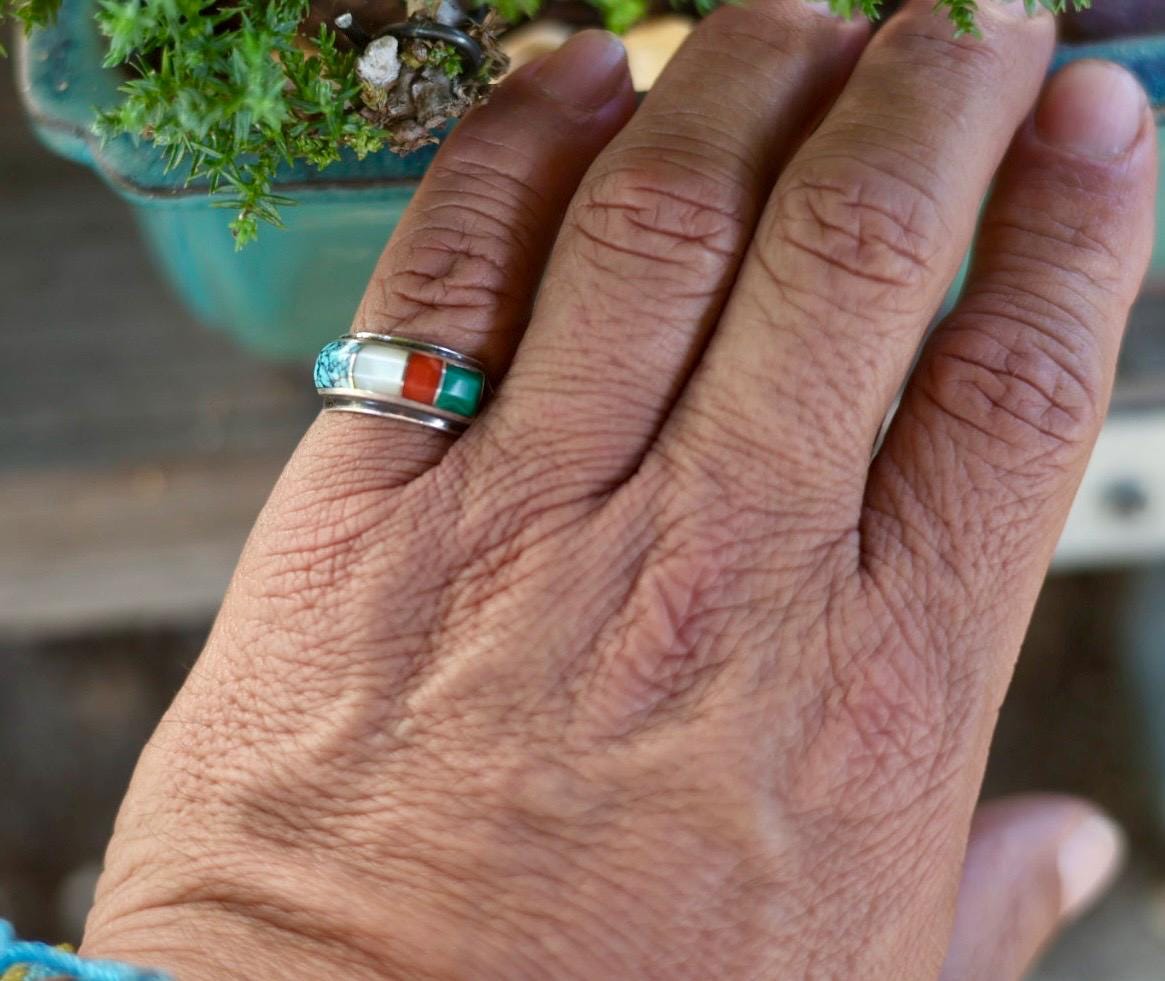 Ben Nighthorse Sterling Silver Multistone Inlay Ring, Northern Cheyenne Turquoise Coral Malachite MOP